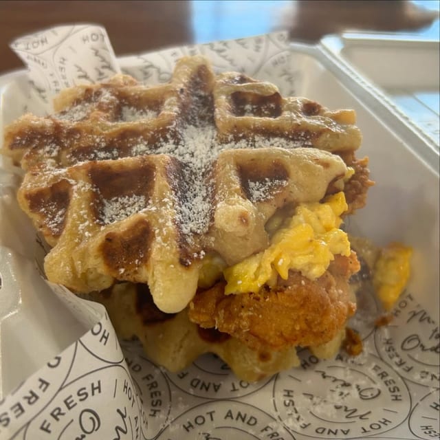 Waffle Sandwich with chicken eggs and cheese.